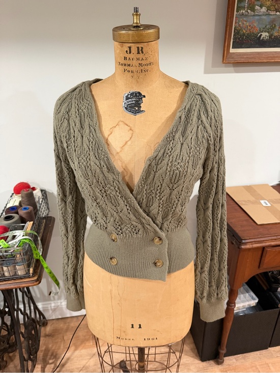 Hem & Thread Sweaters - Hem & Thread Olive Green Cable Knit V-Neck Wrap Sweater with Double Buttons